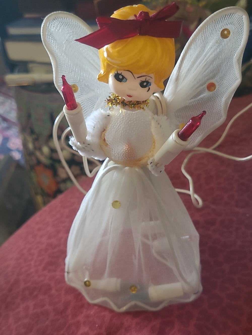 White Angel Tree Topper Figurine with Red Accents